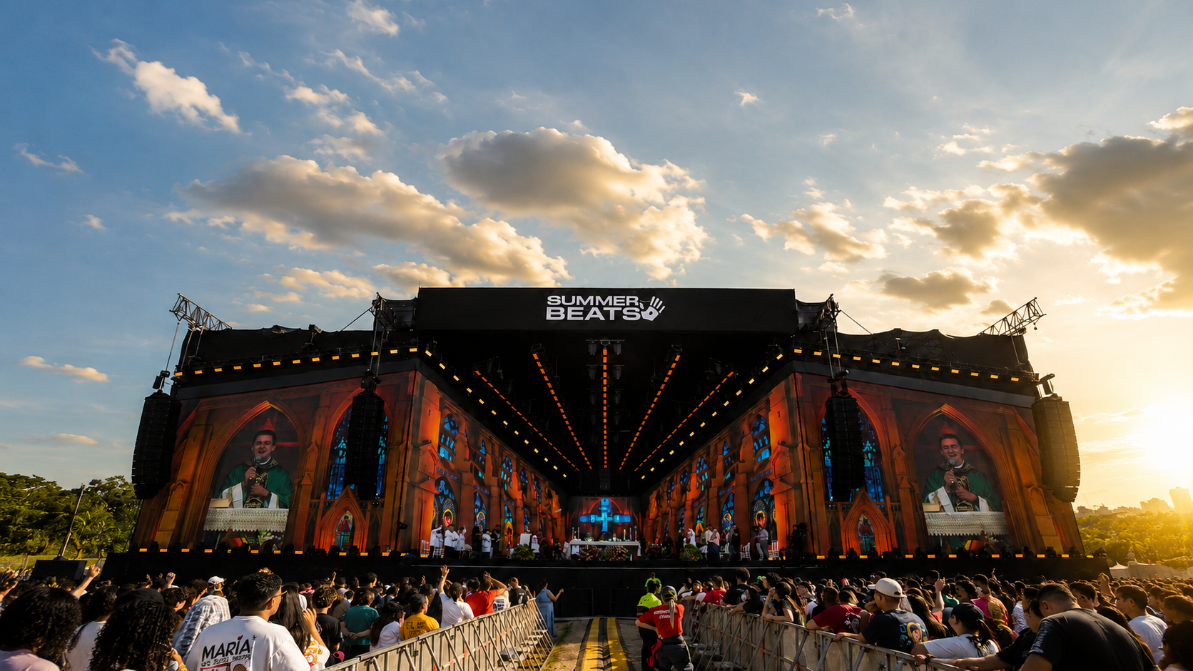 Palco catedral do Summer Beats ao entardecer com o público
