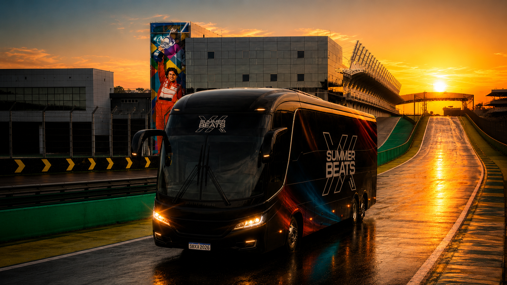 Ônibus oficial do Summer Beats no Autódromo de Interlagos ao pôr do sol